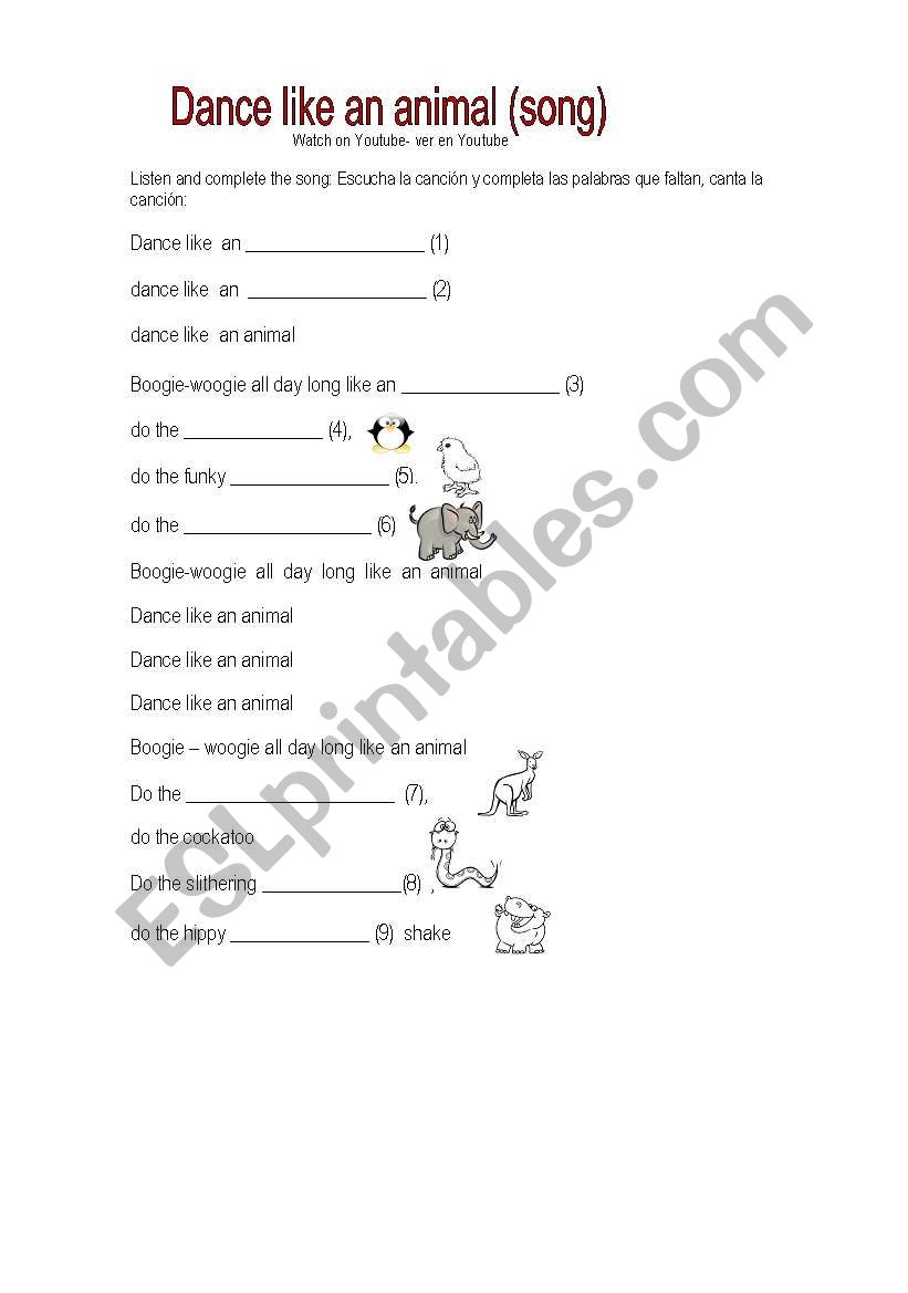 English song about animals - ESL worksheet by RossMary