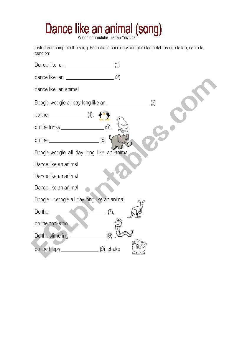 English song about animals worksheet