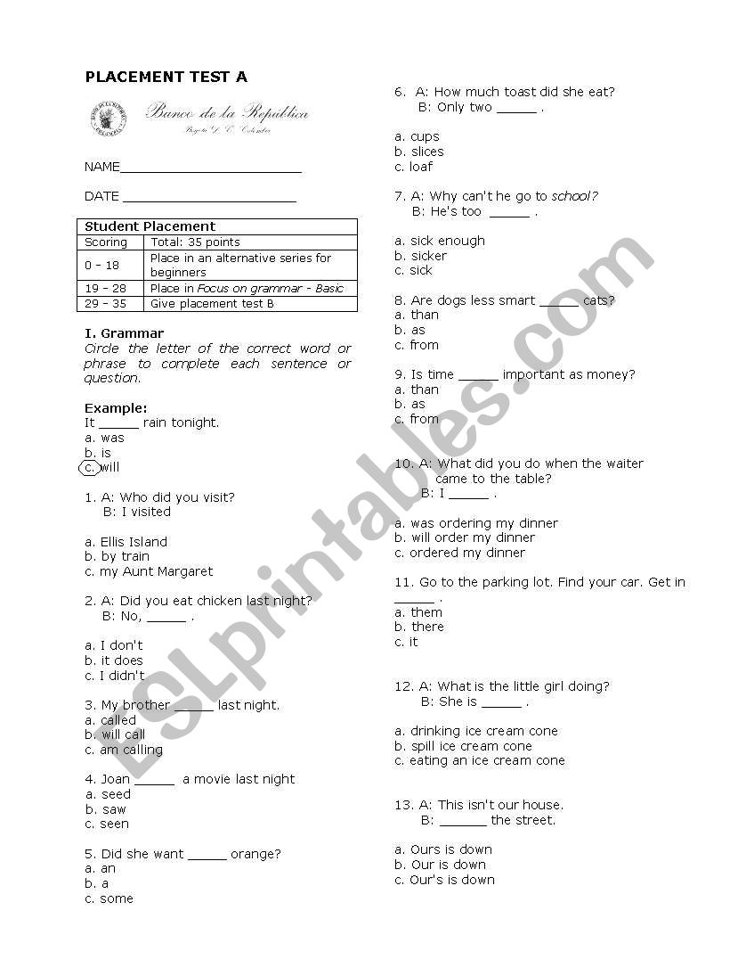 placement basic worksheet