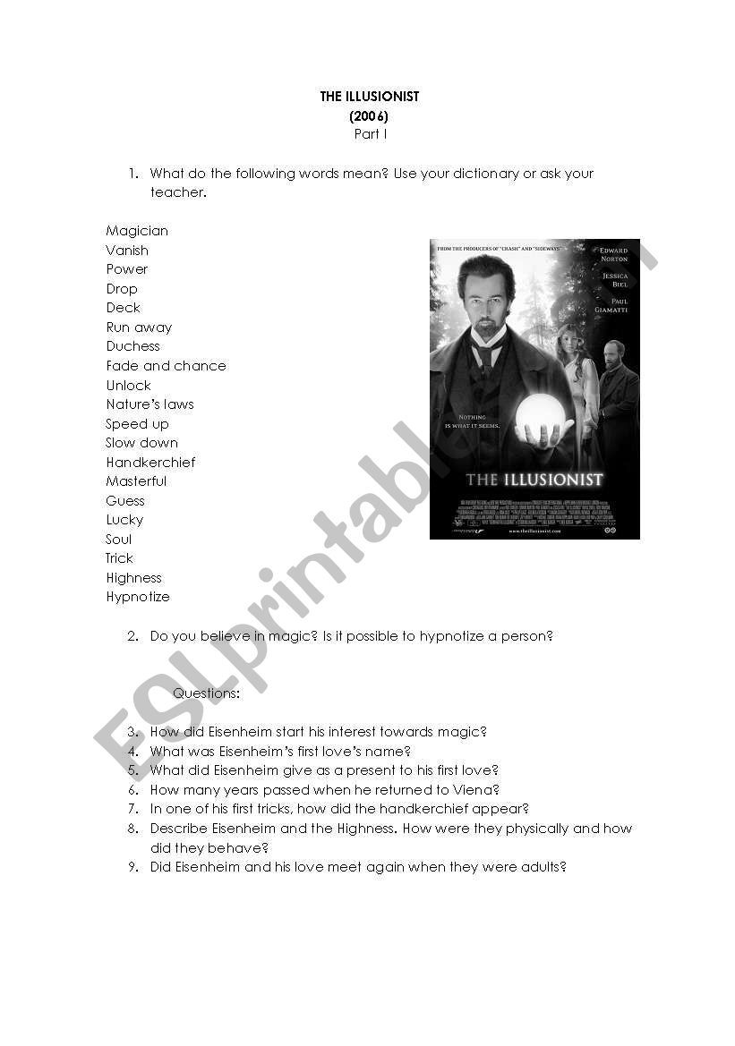 The illusionist - I part worksheet