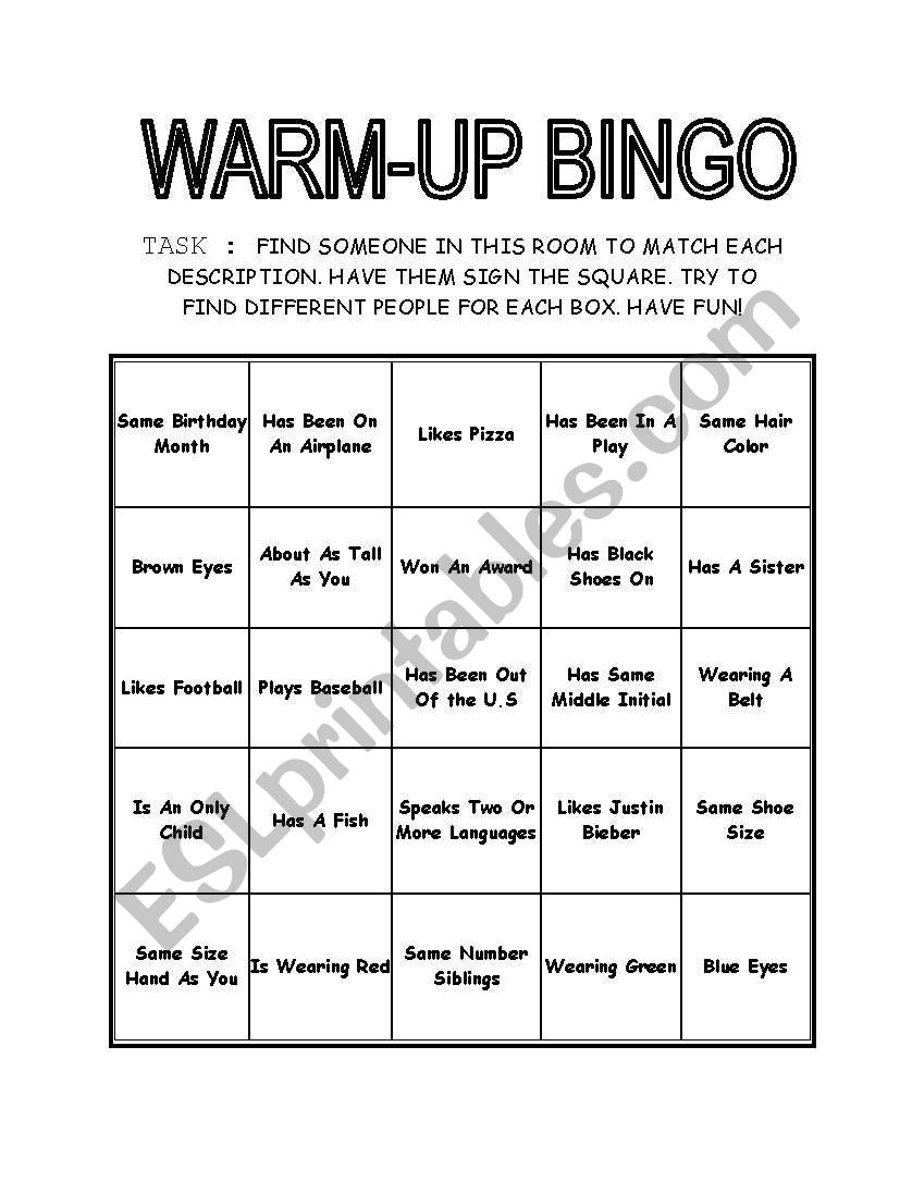 Warm Up Bingo ESL Worksheet By Melitz99