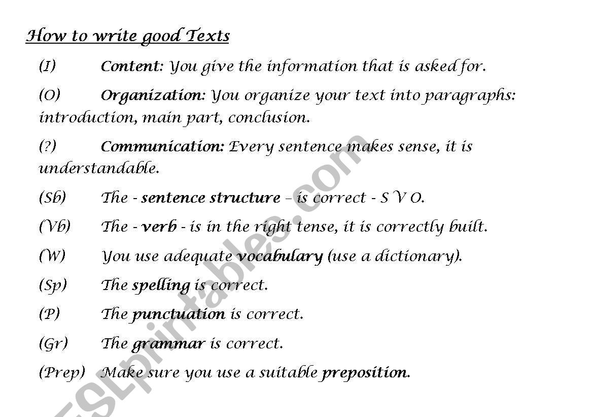 How to write good texts worksheet