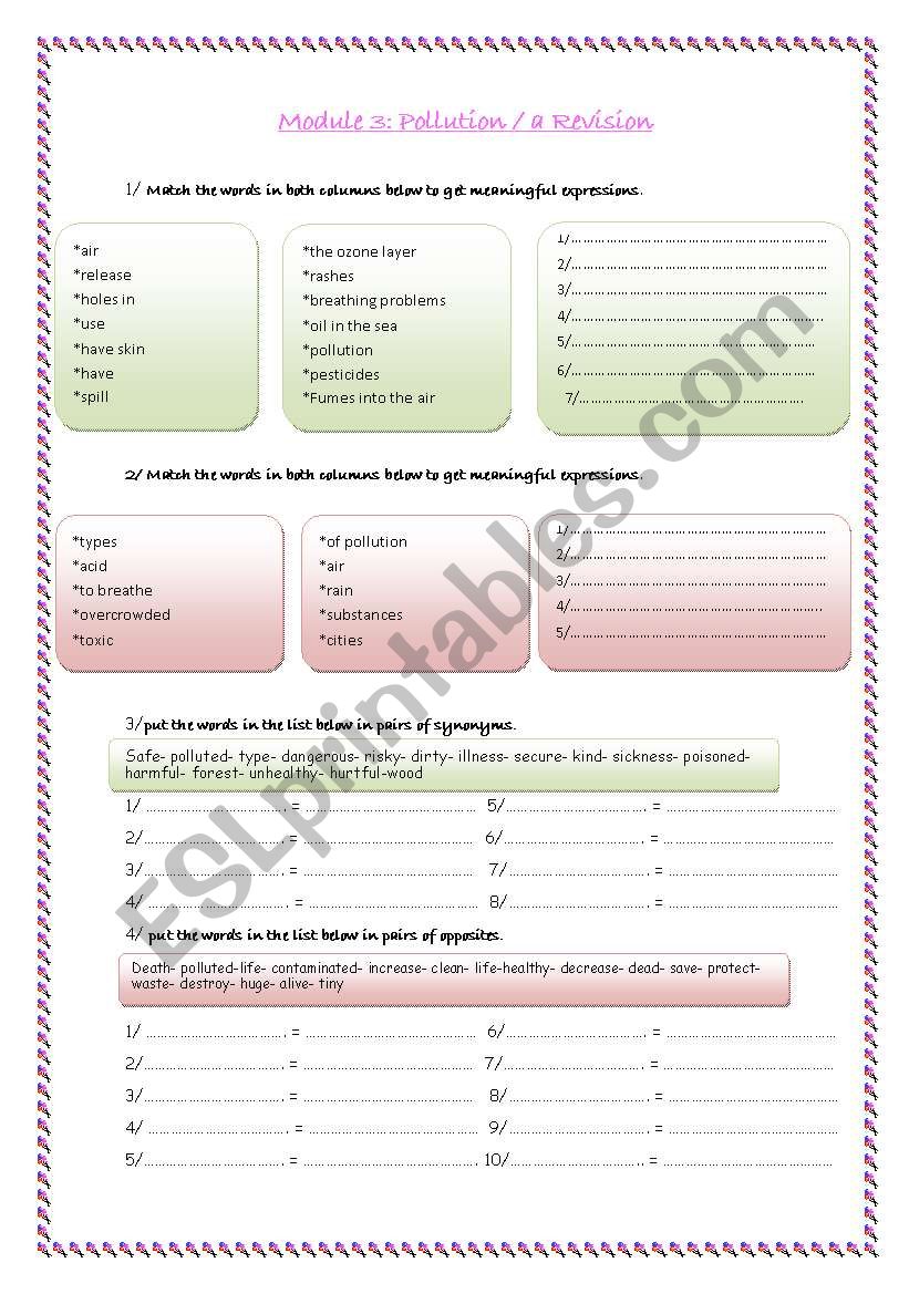 pollution: vocab practisce worksheet