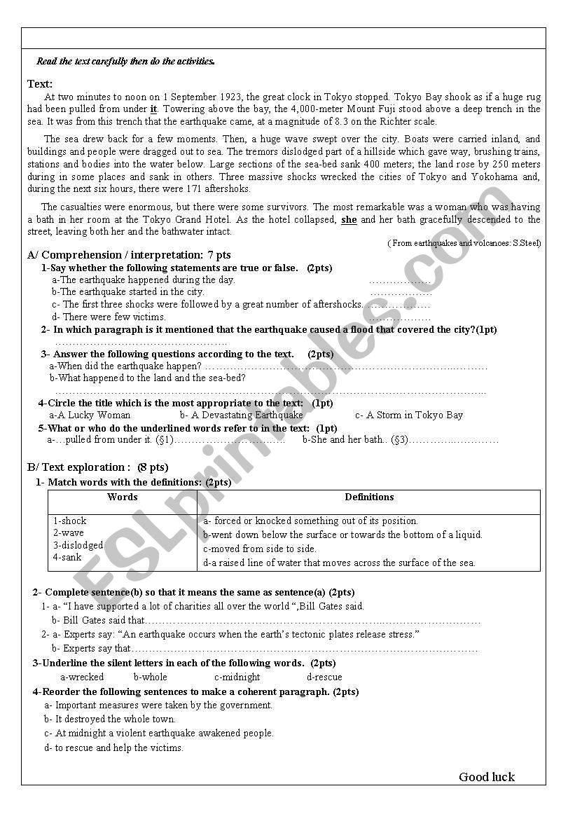 test about natural disasters worksheet