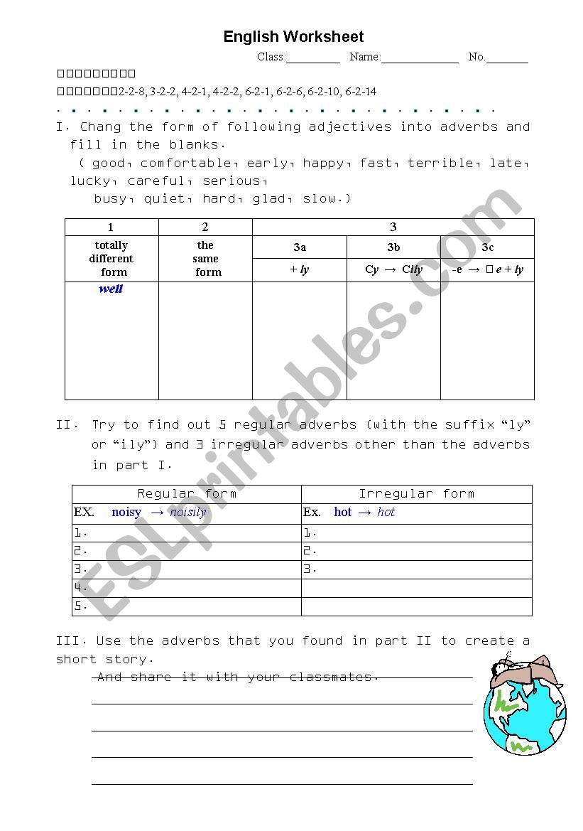 adjactives,adverbs worksheet