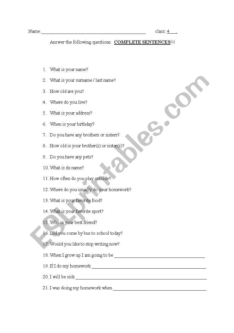 21 basic questions (set of 4) worksheet