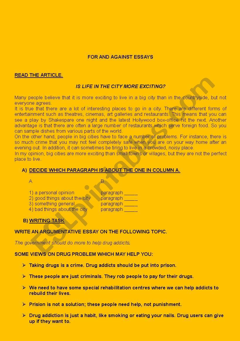 For & Against Essay- 3 worksheet