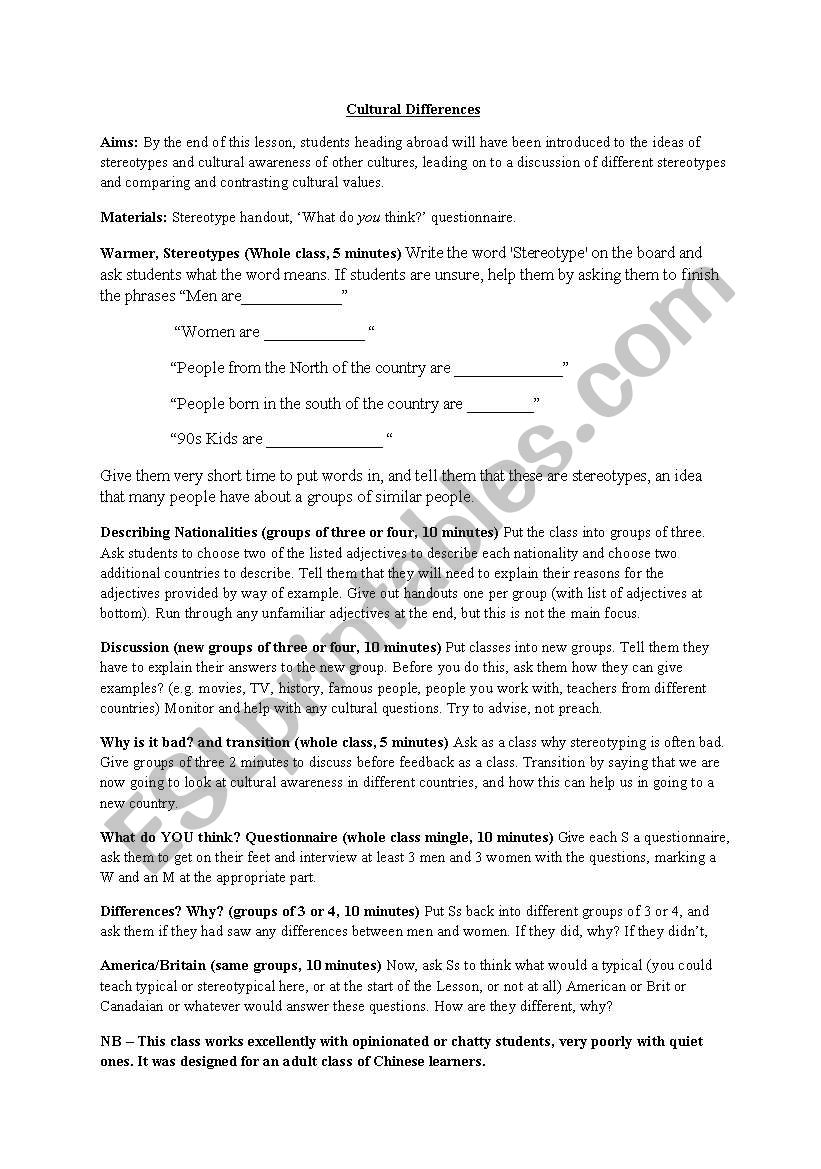 Cultural Differences worksheet