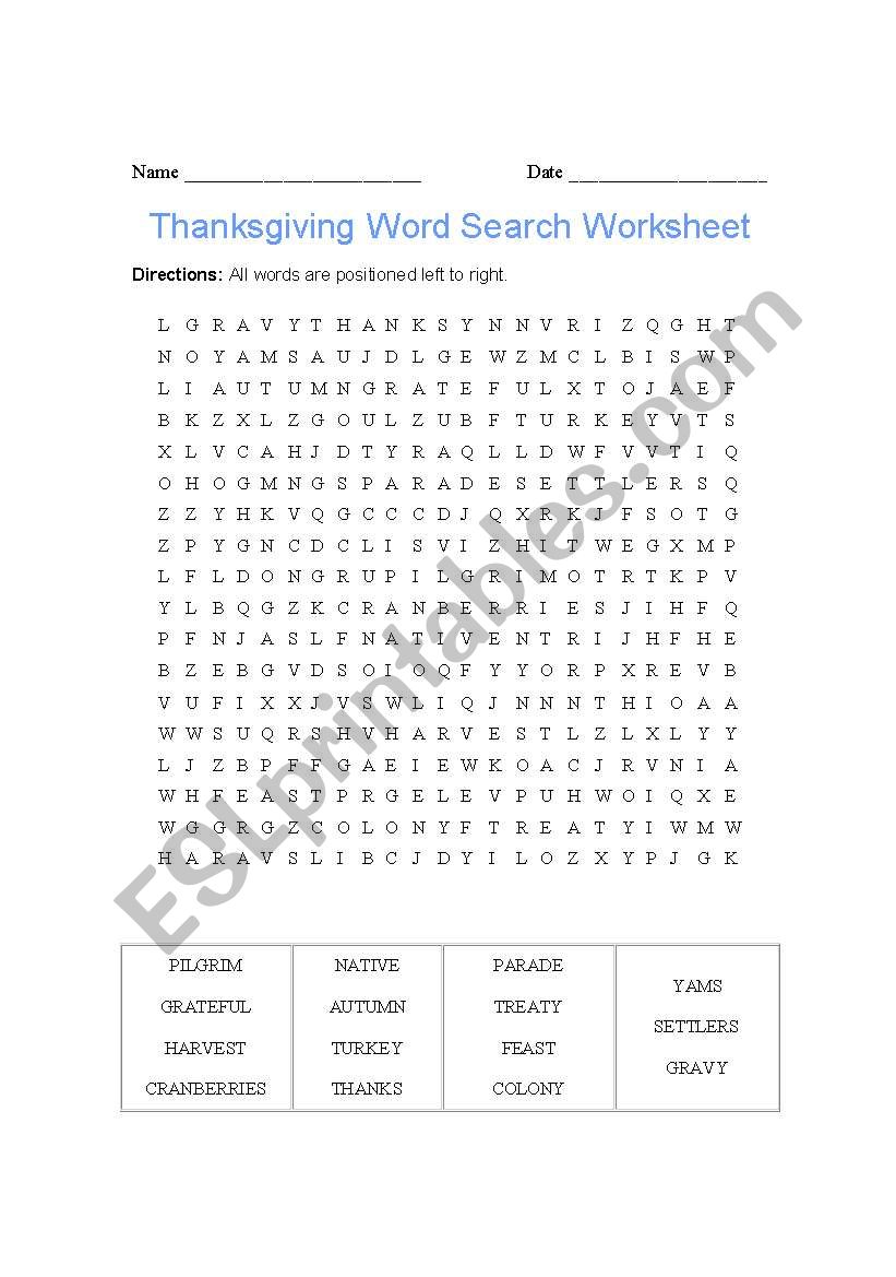 Thanksgiving word search worksheet