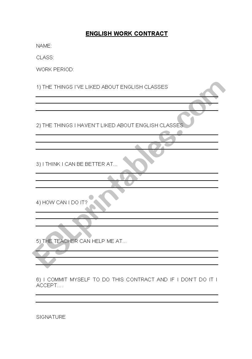 English Work Contract worksheet