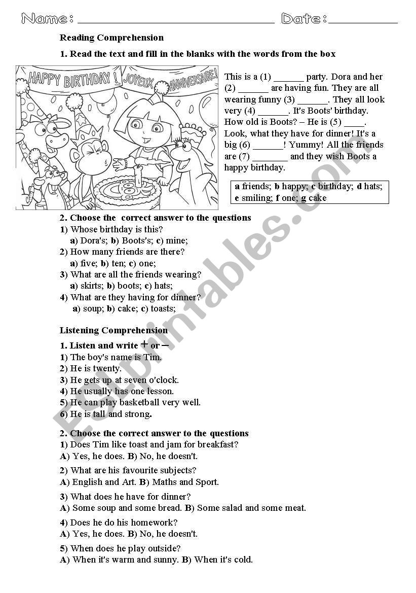 Reading & Listening Comprehension for Beginner/Elementary Level (can be used as a part of end-of-term test)