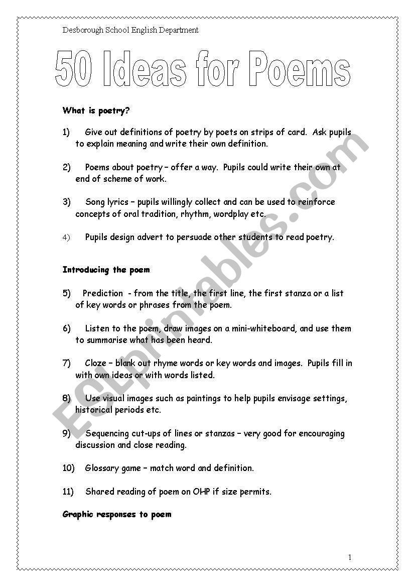50 Ideas for teaching poems worksheet