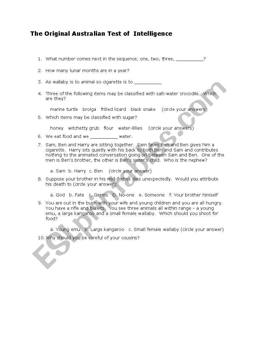 aborigins test of IQ worksheet