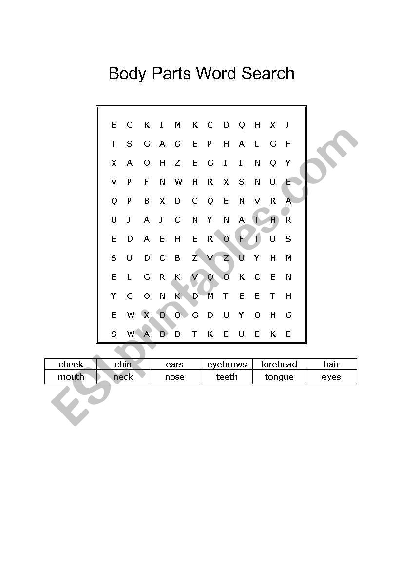 Body parts word search worksheet