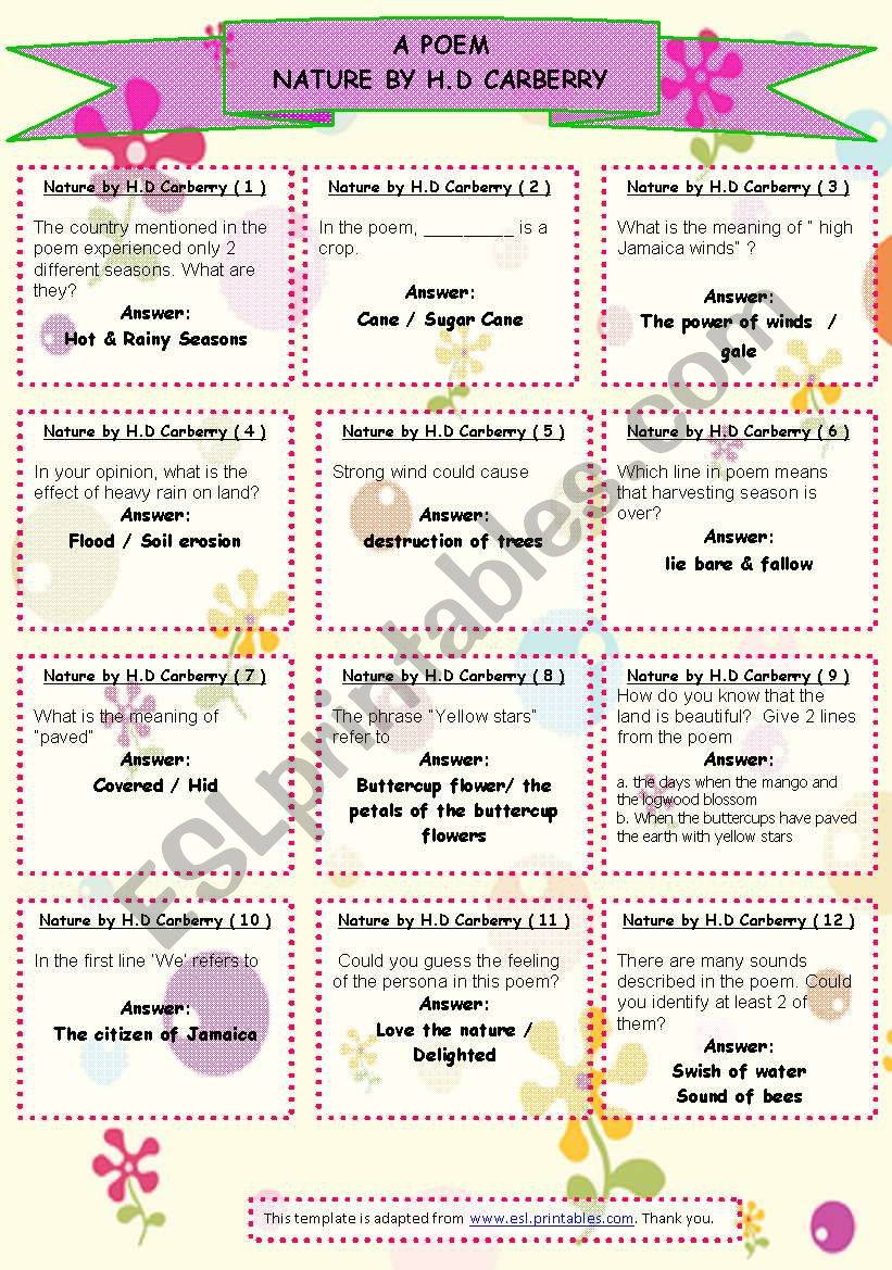 understanding a poem - a set of game cards no 1 -12