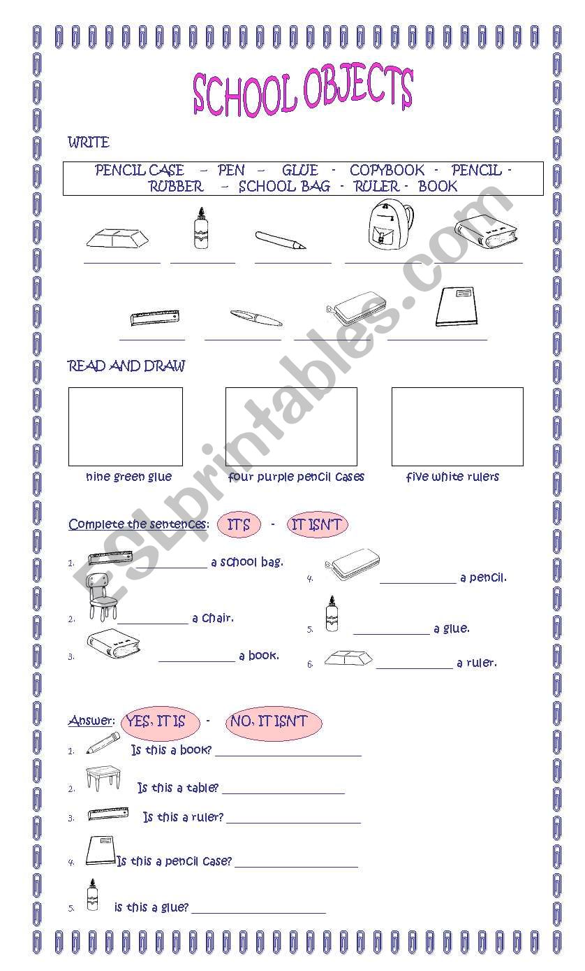 school objects worksheet