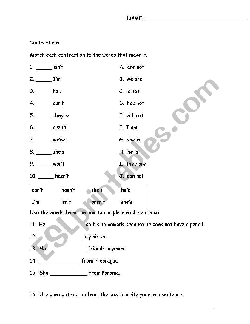 Contractions Matching worksheet