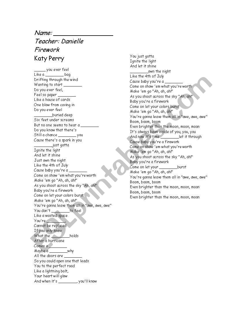 Firework - Katy Perry worksheet