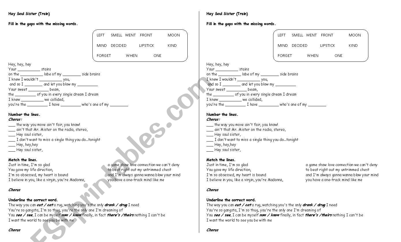 Hey Soul Sister worksheet