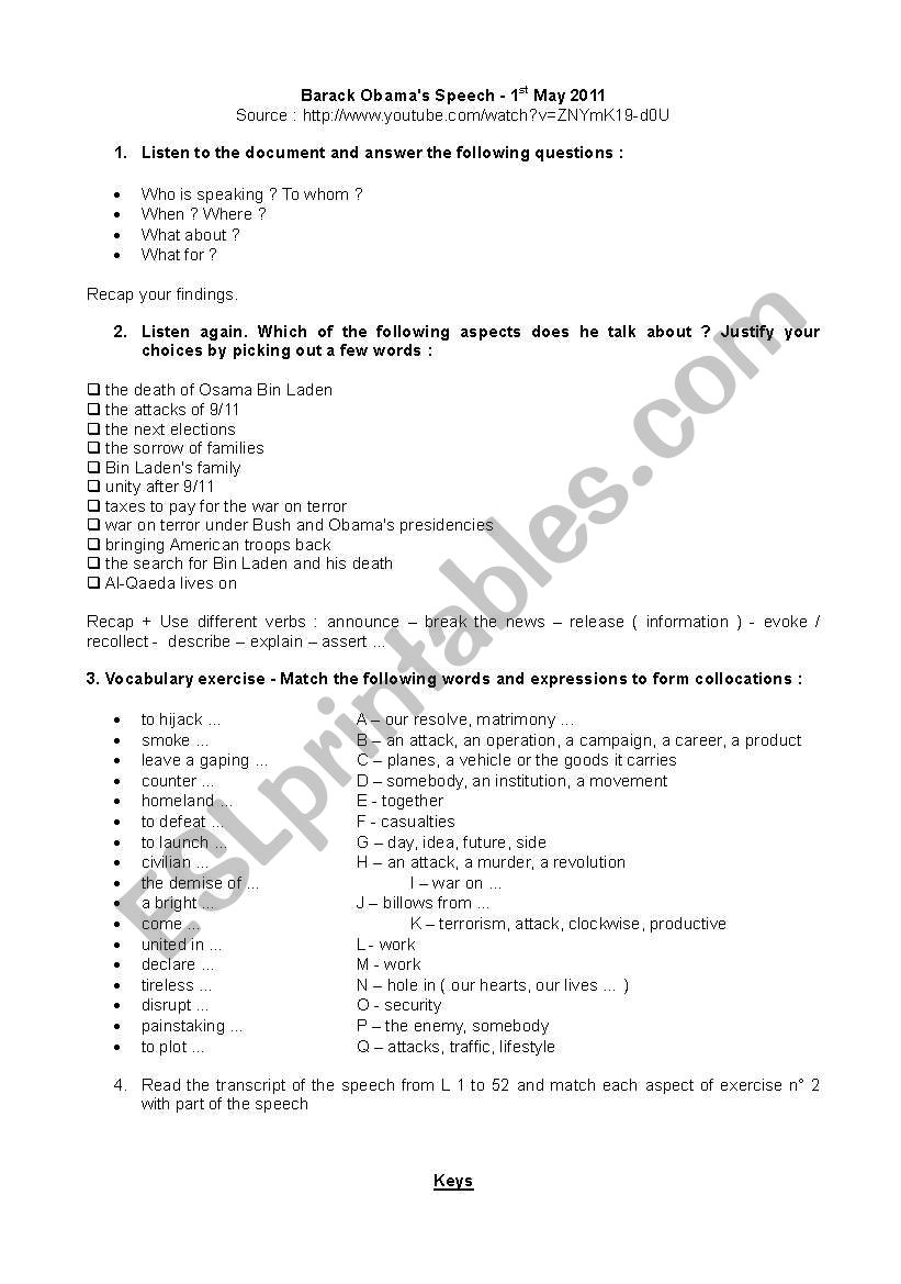 Worksheet on President Obamas Speech announcing the death of Bin Laden