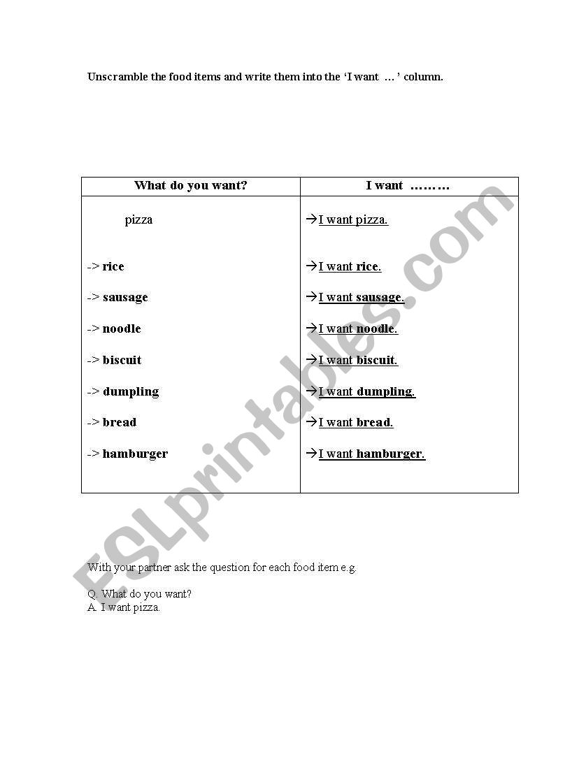 Food items worksheet