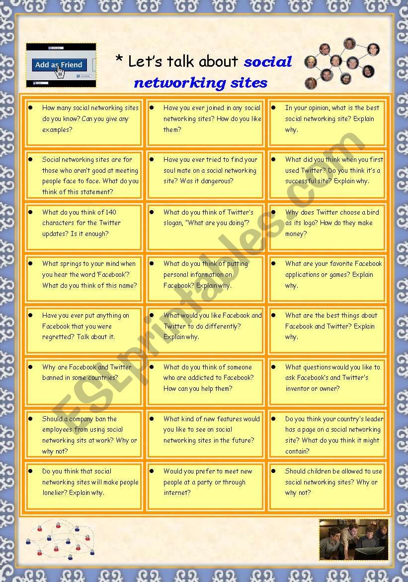 Lets talk about social networking sites - Conversation worksheet for intermediate students