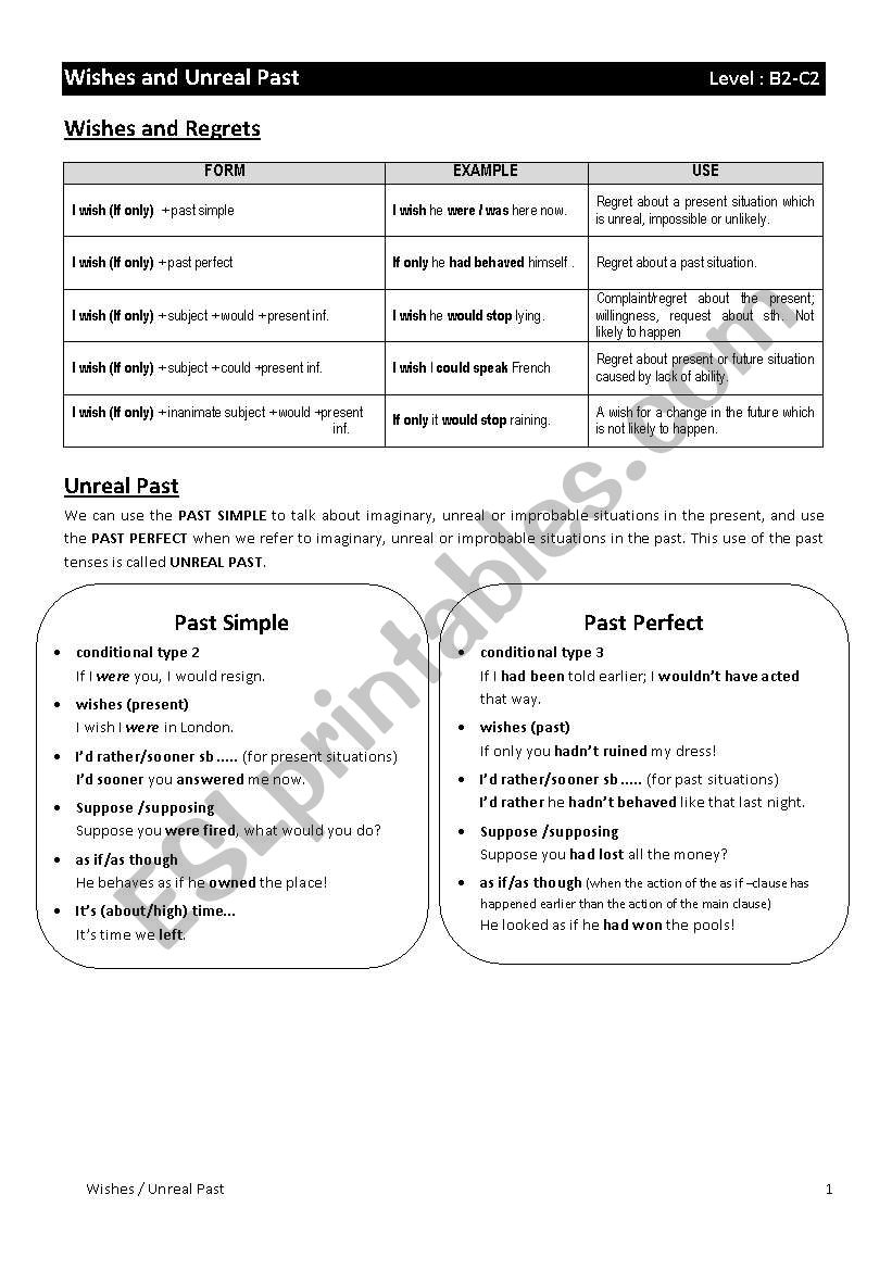 WISHES AND UNREAL PAST worksheet