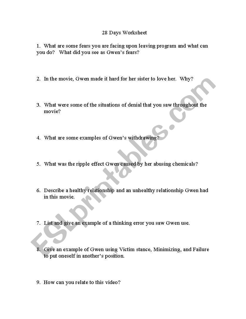 28 Days Movie Worksheet worksheet