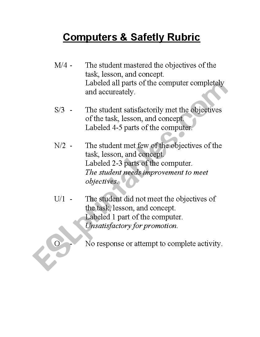 Computers and Safety Rubric worksheet