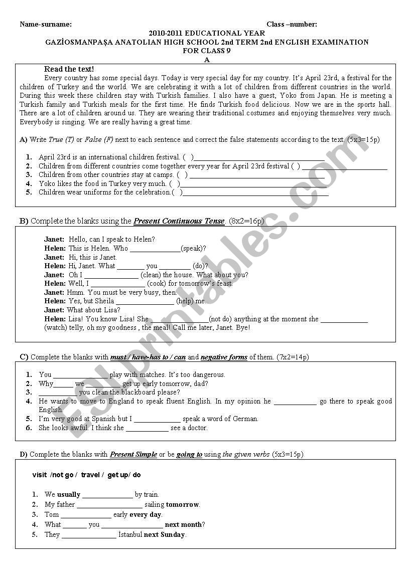 ANATOLIAN HIGH SCHOOL 2nd TERM 2nd ENGLISH EXAMINATION  FOR CLASS 9