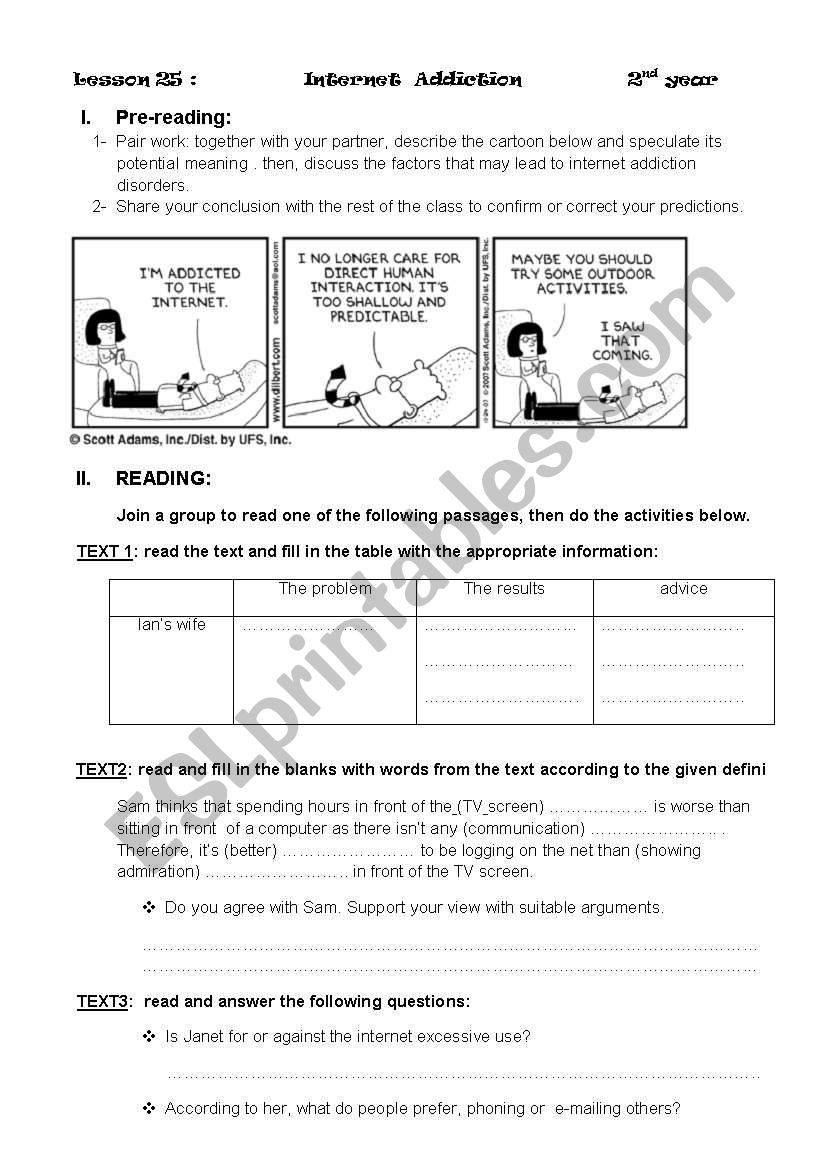 internet addiction worksheet