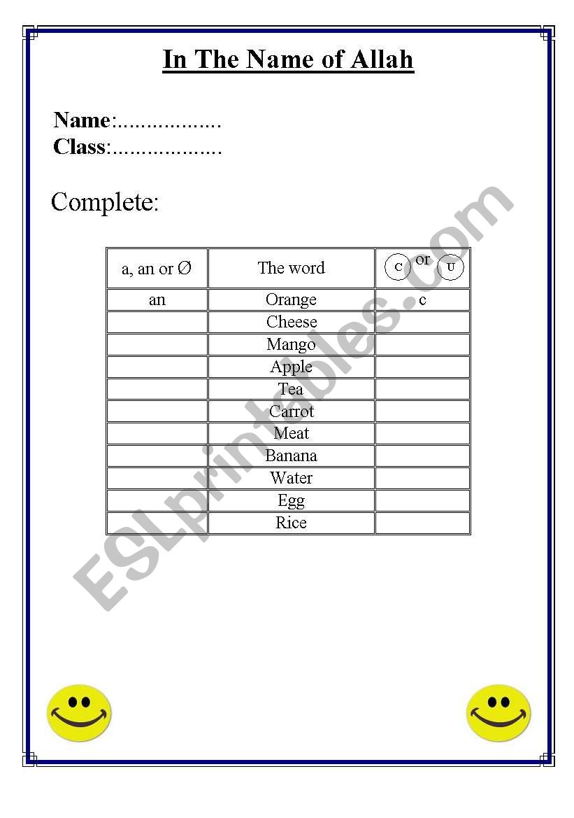Countable and uncountable worksheet