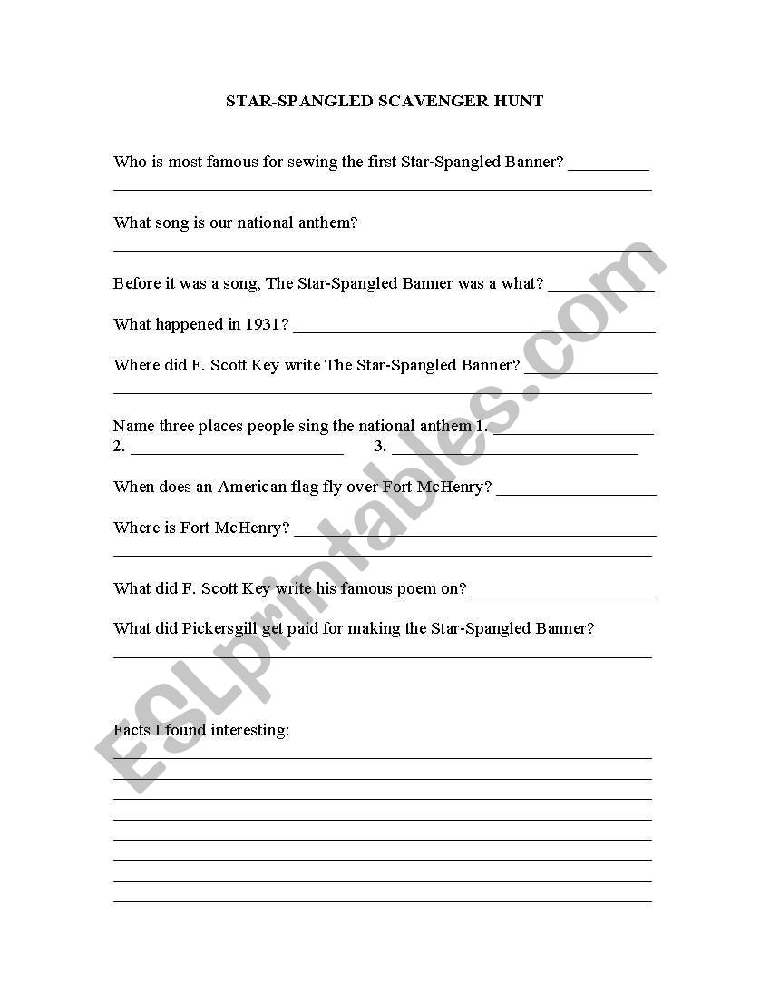 star spangled scavenger hunt worksheet