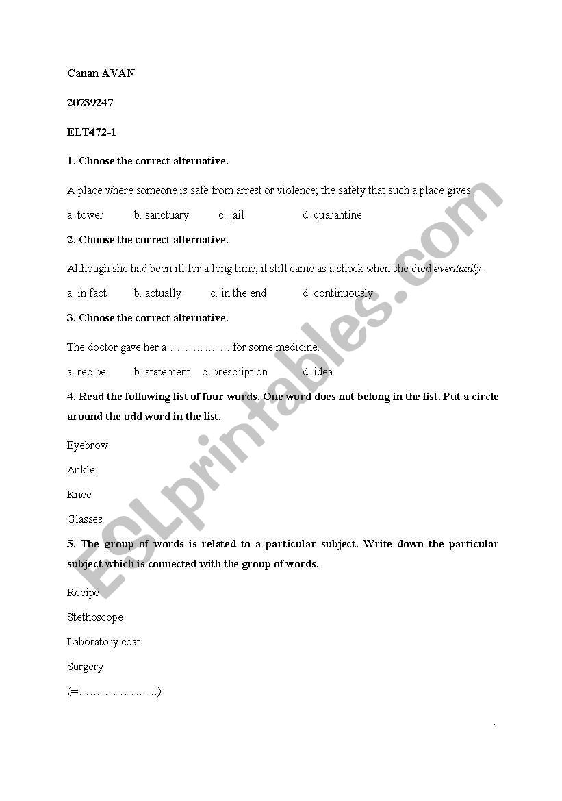 vocabulary testing worksheet