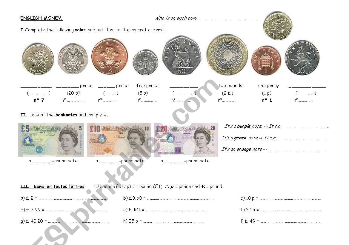English money worksheet