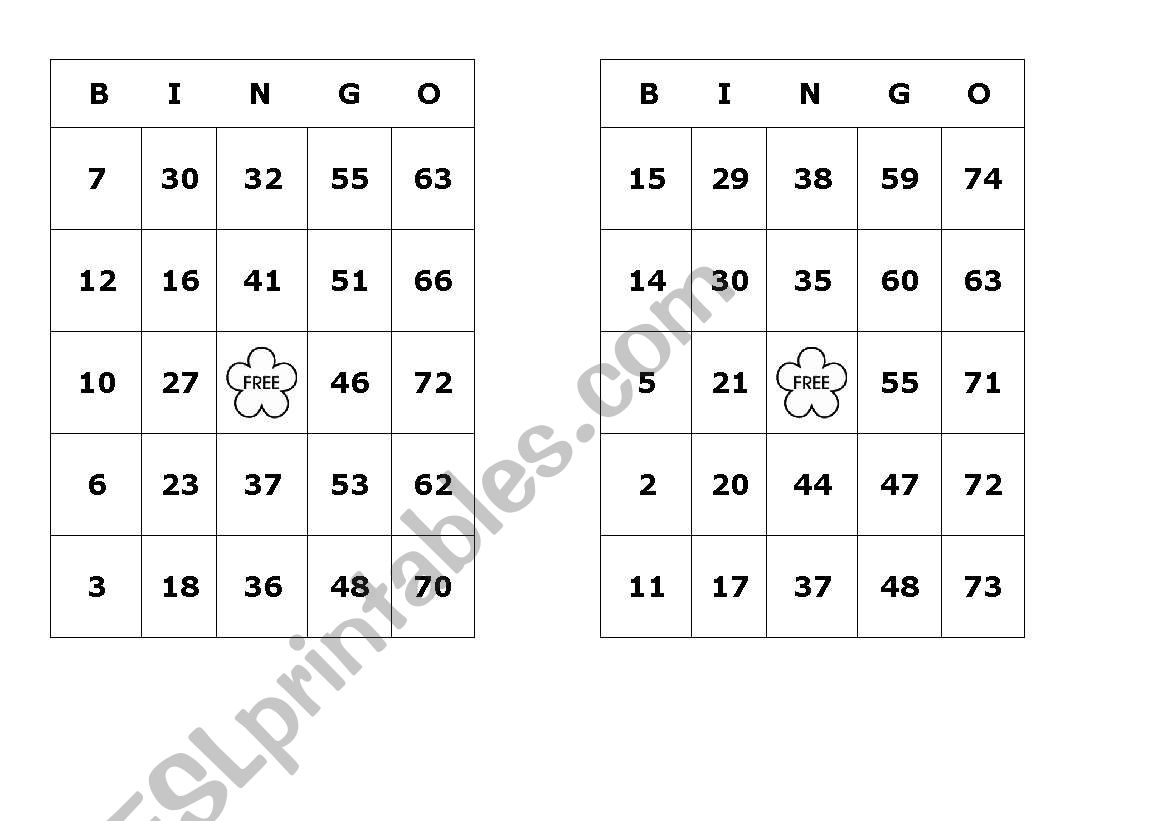 Bingo Numbers worksheet