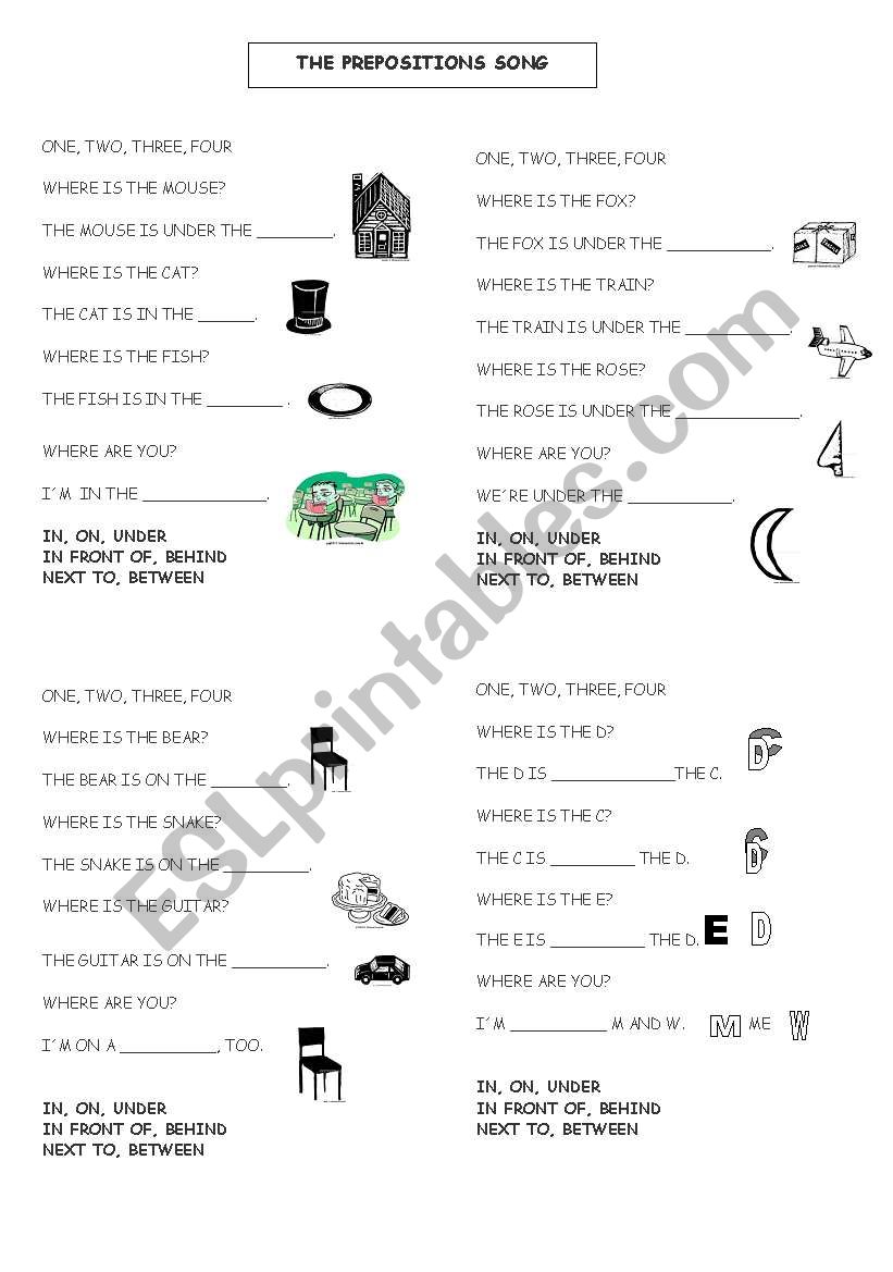 Prepositions song Worksheet worksheet