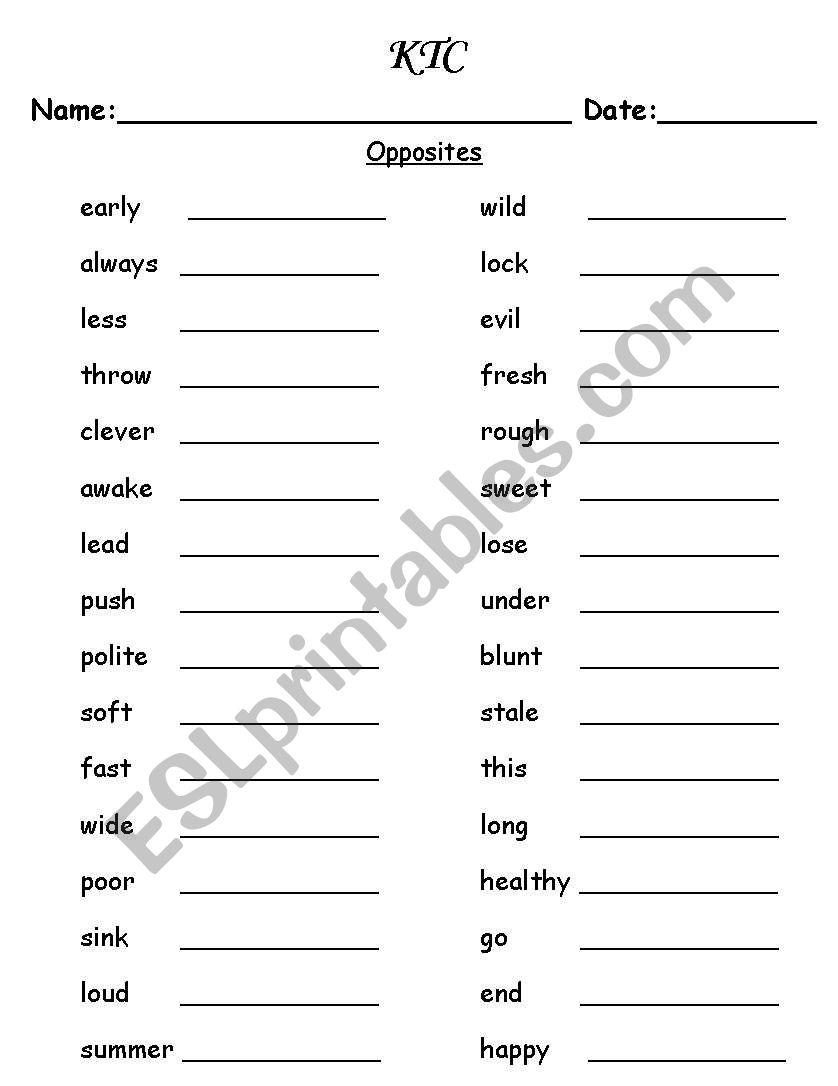 Opposites worksheet