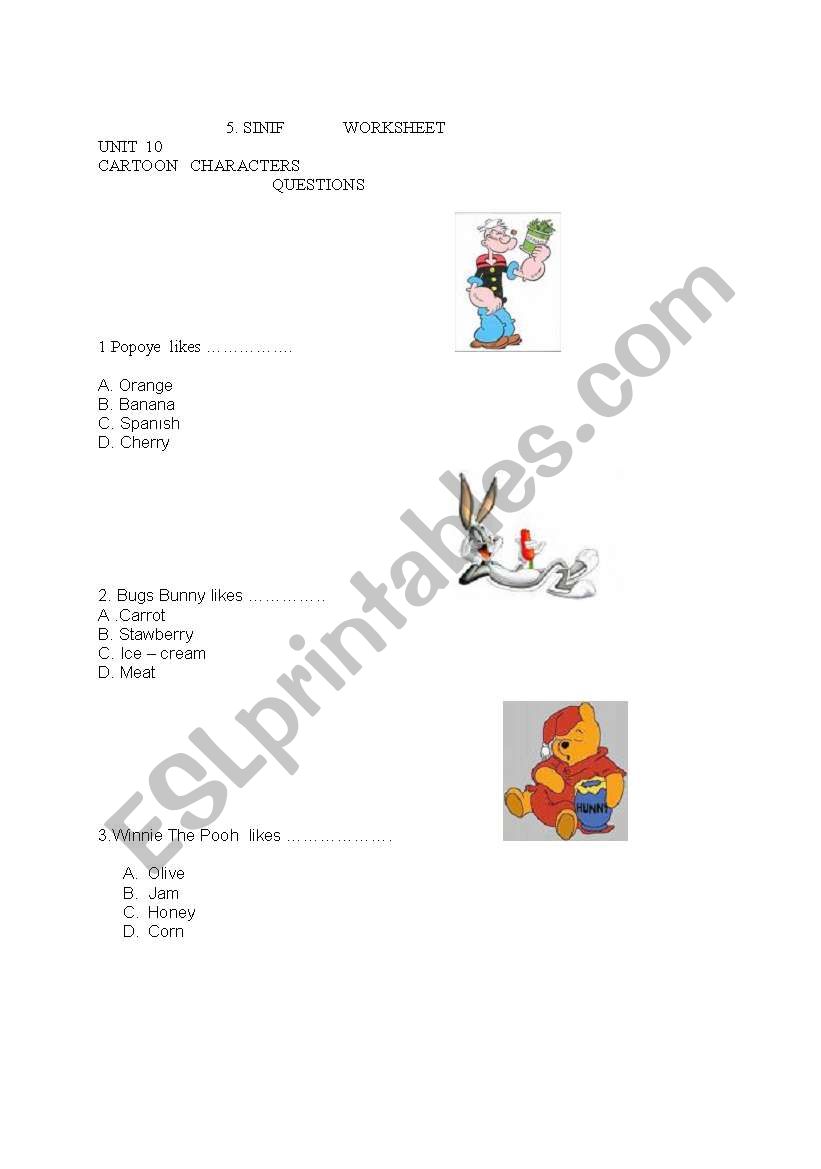 cartoon characters worksheet