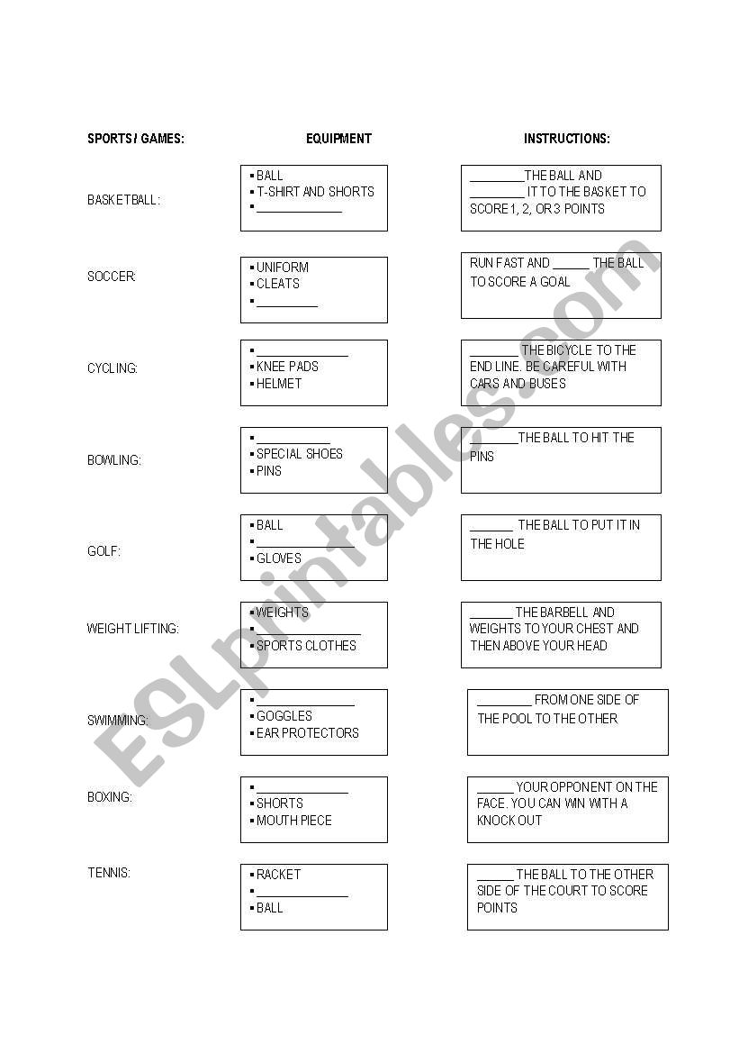 Sports, Equipment and Rules worksheet