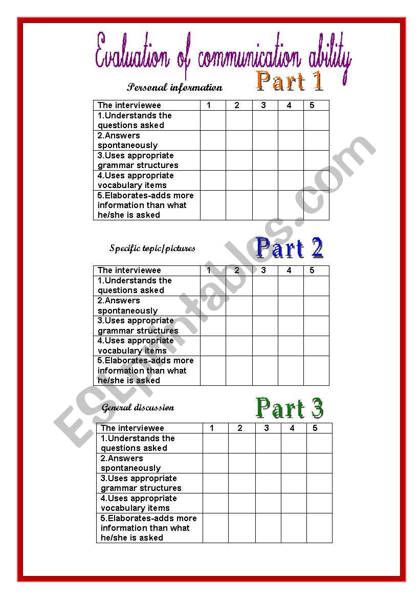 evaluation of speaking worksheet