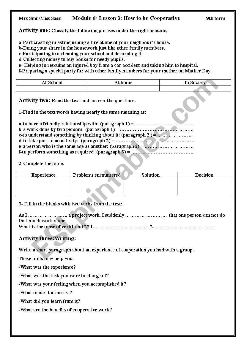 cooperative work worksheet