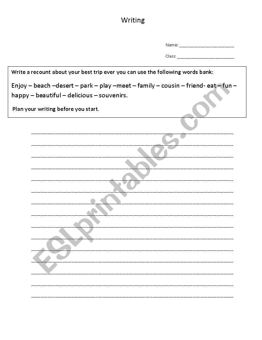 Trip Writing worksheet