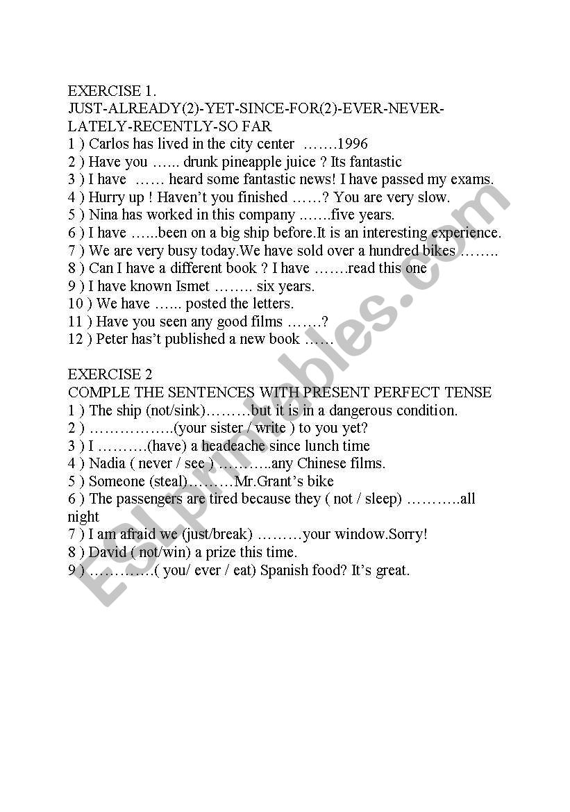 present perfect worksheet