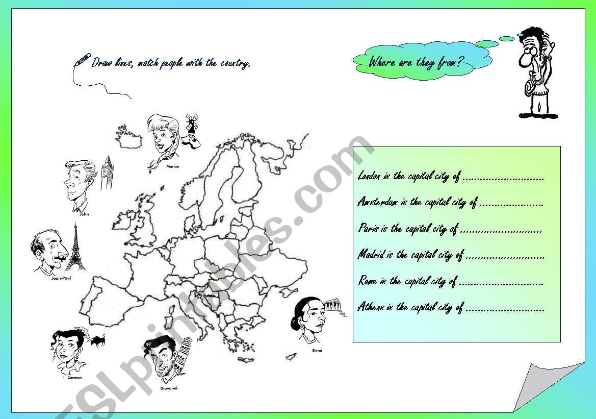 Europe Nationalities and map & activity & key included, fully editable