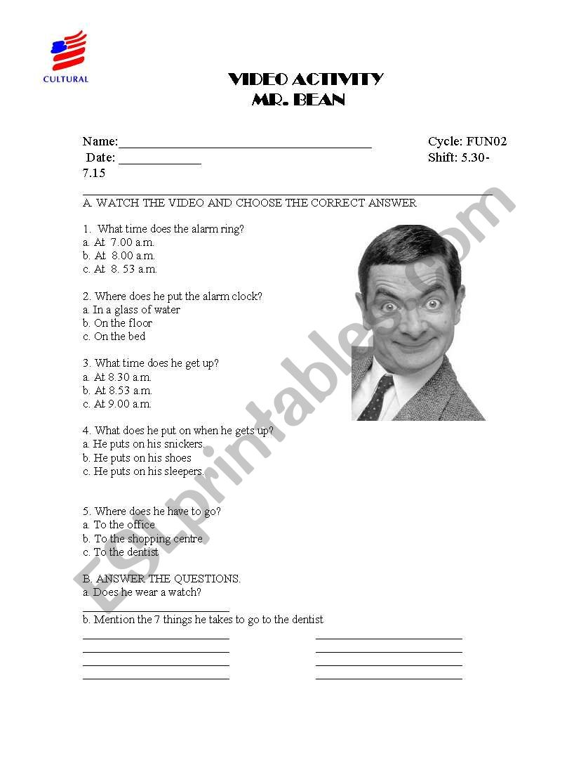 video activity mr. bean worksheet