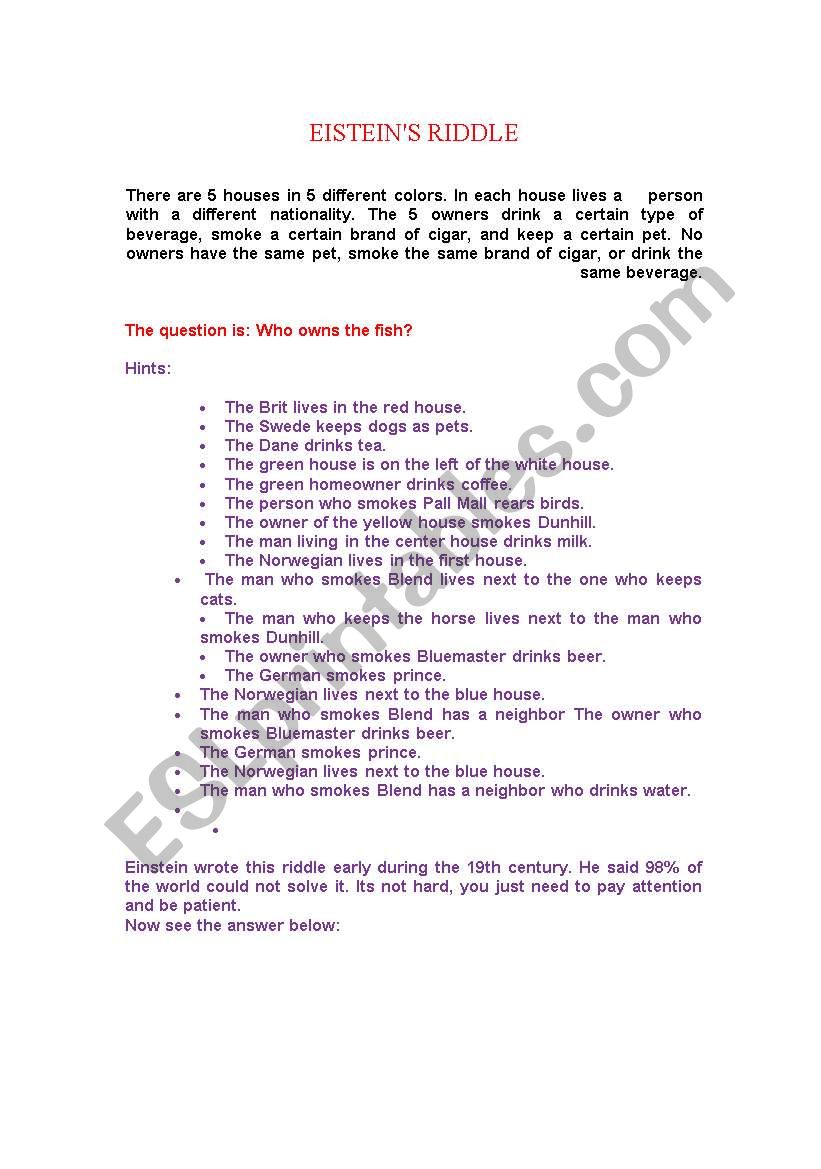 EINSTEINÂ´S RIDDLE worksheet