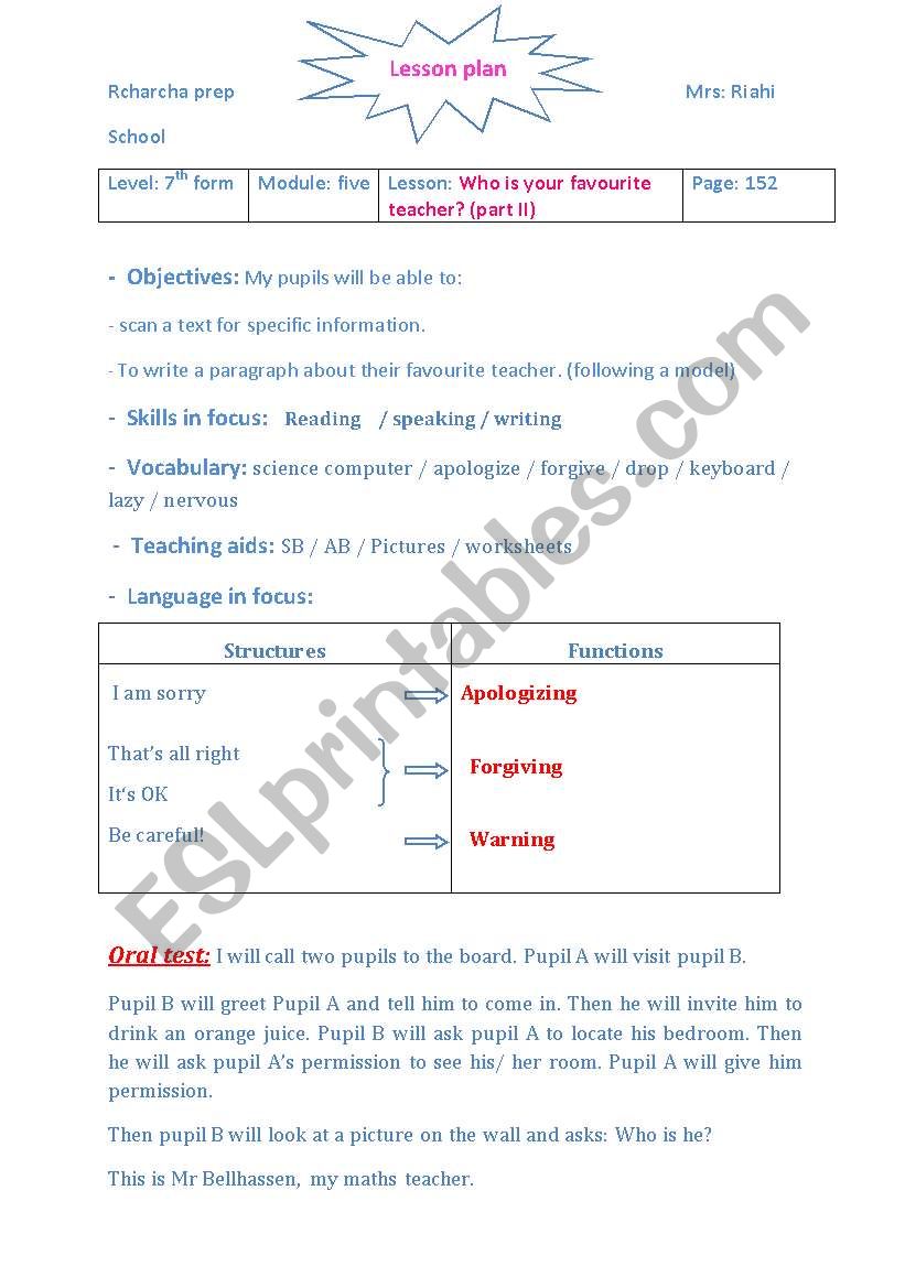LESSON PLAN FAVOURITE TEACHER worksheet