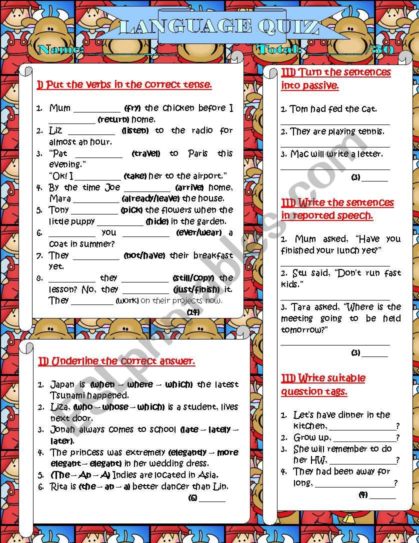 7TH GRADE LANGUAGE QUIZ worksheet