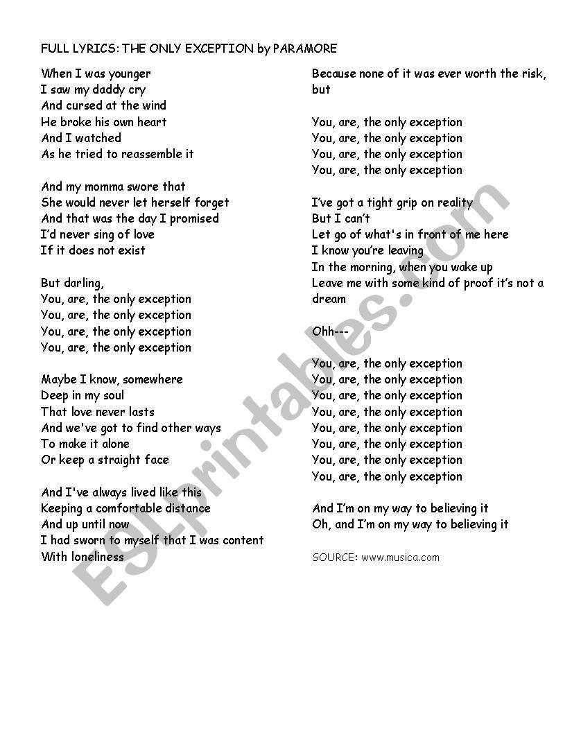 The Only Exception By Paramore Esl Worksheet By Euyi